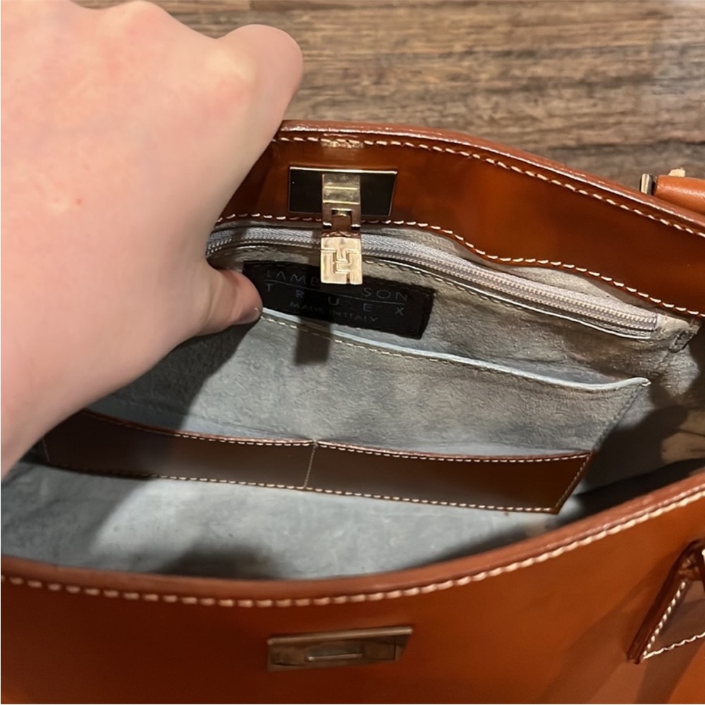 Lamberston Truex Cognac Leather Handbag, Vintage - Picture 10 of 15